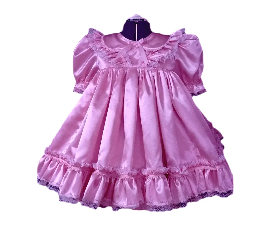 French Maid Cross-dressing Girl Pink Satin Sissy Dress Princess Prom Dress Custom Multi-color