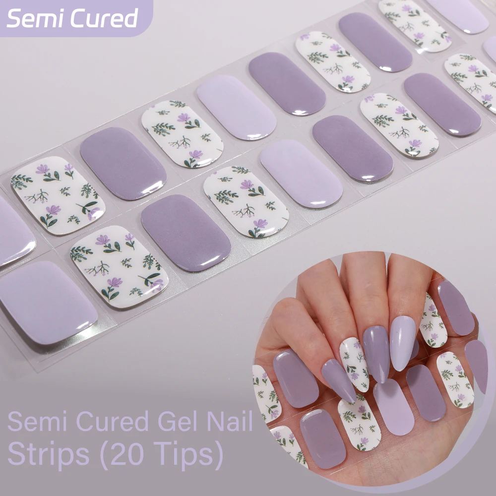 

20Tips Semi-Cured Nail Stickers Spring Summer Flowers Adhesive Gel Nail Strips Full Cover Manicure DIY Nail Decoration Decal