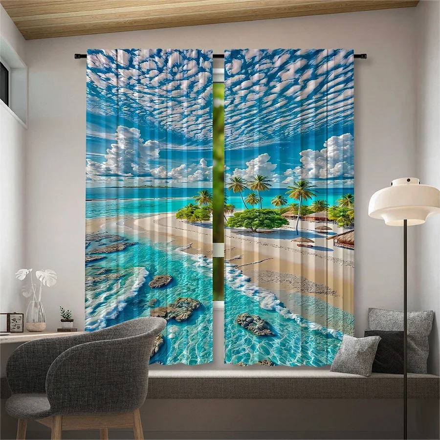 Tropical sea view pattern printed curtains, pole bag curtains, Christmas decorations, daily home decorations, room decorations