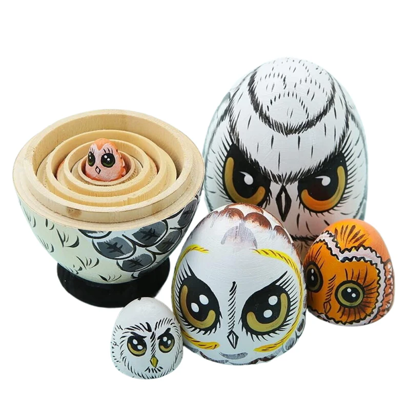 5 Pieces Wooden Owl Nesting Dolls Owl Russian Egg Ornament Rustic Design for Easter New Year Halloween