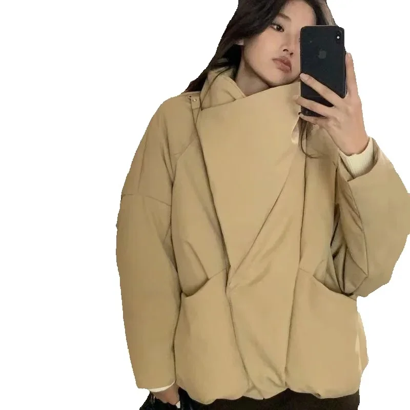 

Осенне-зимняя короткая хлопковая куртка для женщин, новинка 2025, модное свободное повседневное хлопковое пальто, однотонное пальто с отложным воротником, женская верхняя одежда