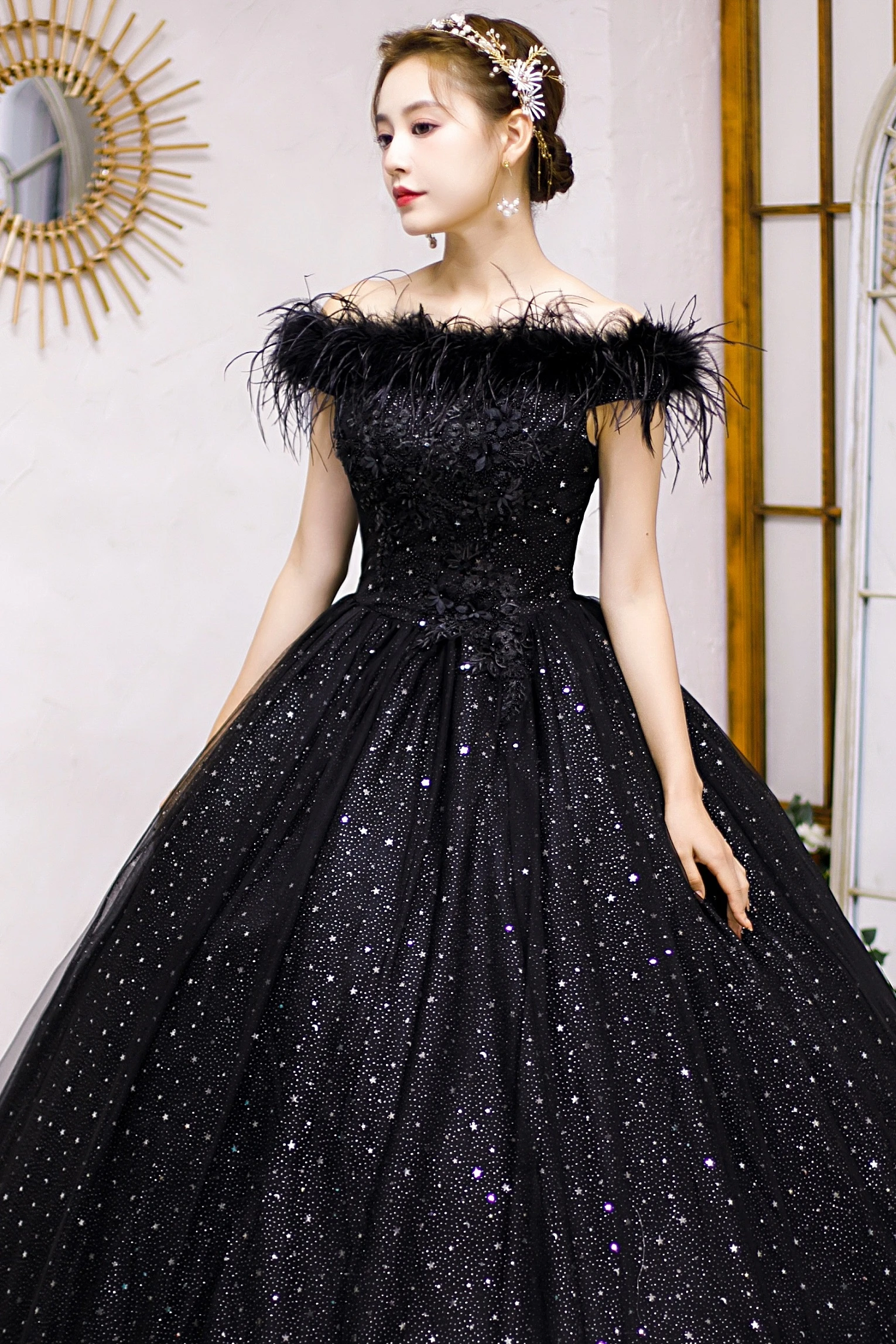 black feather slash collar quinceañera ball gown court medieval dress renaissance Gown queen Victoria/Marie/ Belle/opera gown