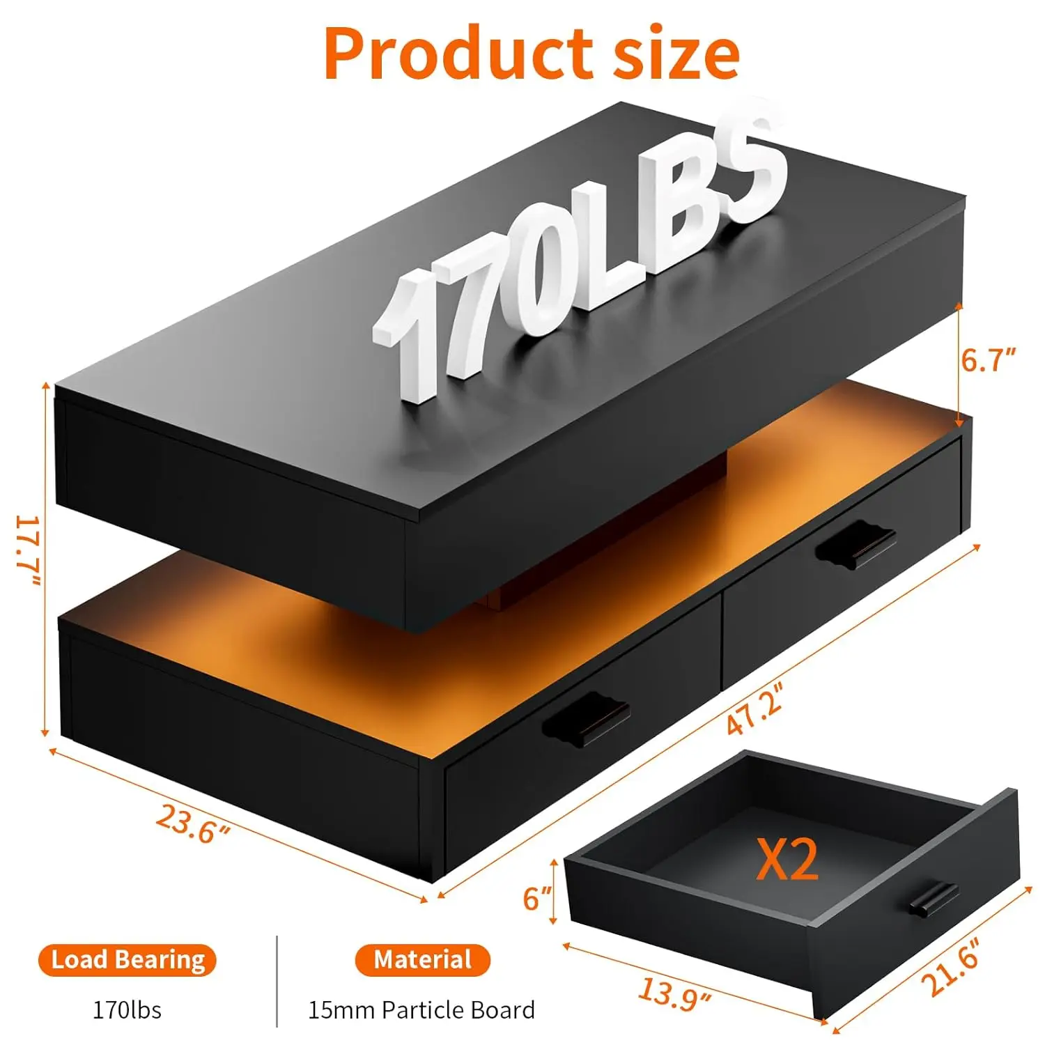 Mesa de centro grande de alto brilho de 47.2 "com 2 camadas, mesa de centro led para sala de estar, mesa central retangular com armazenamento oculto f