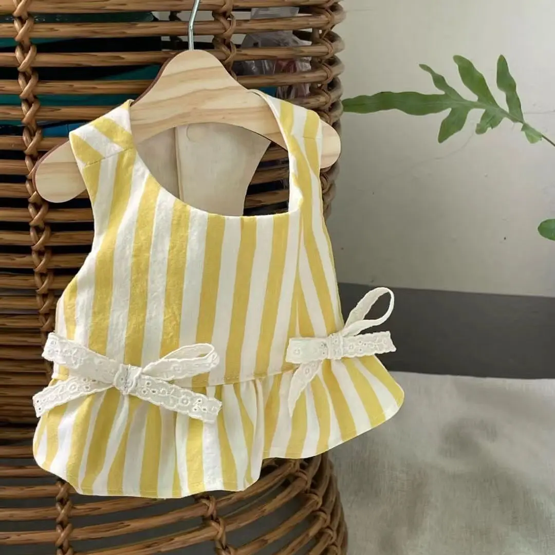 Cute Stripe Dress Dog Clothes Puppy Lace Bow Yellow Blue Skirt Small Dogs Clothing Cat Summer Thin Girl Yorkshire Pet Products