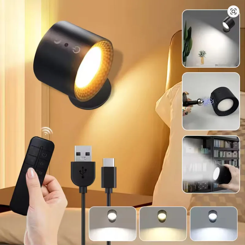 Magnetic 360° Rotating LED Wall Light, Touch Remote Control, 10 Brightness Levels, USB Rechargeable -Dimmable Reading Light