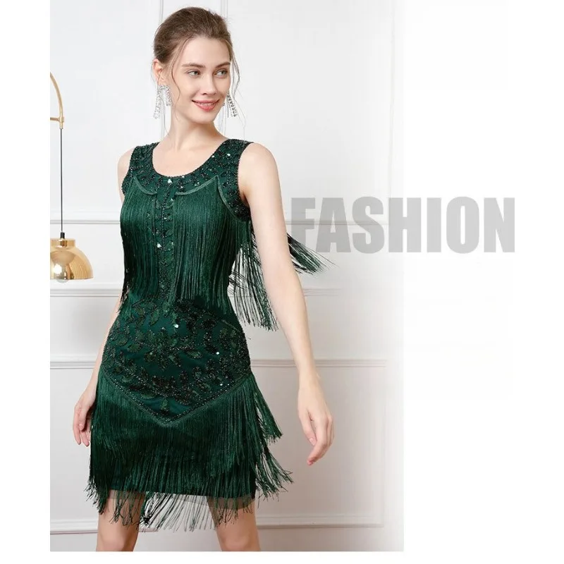 

1920-танцевальное платье в стиле ретро Гэтсби, жилет с круглым вырезом, большой размер, платье с кисточками из бисера