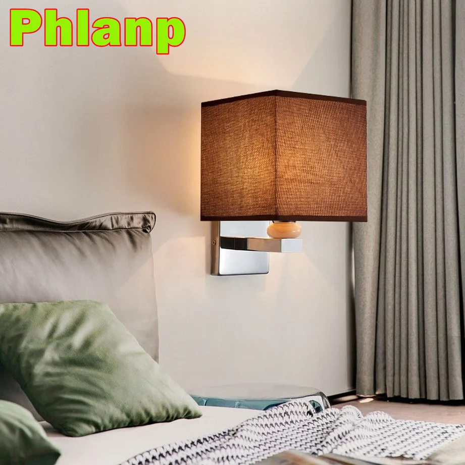 

Phlanp Chinese corridor bedside lamp Led wall lamp Nordic bedroom cloth fabric reading lighting fixture hotel room wall sconc