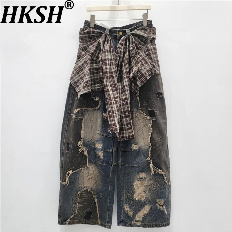 HKSH Lente Herfst Nieuwe Vrouw Jeans Ripped Verontruste Patchwork Contrast Kleur Amerikaanse Retro Streetwear Y2K Denim Broek HK14422