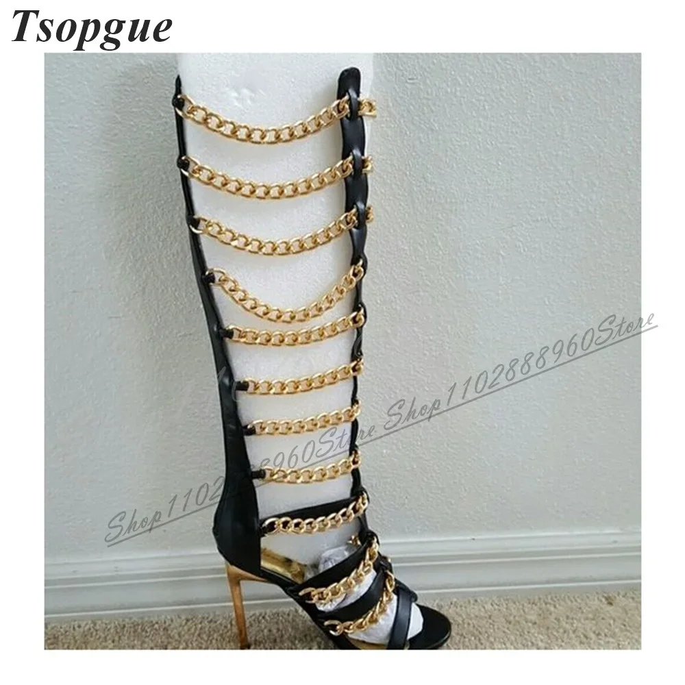 

Knee High Stylish Black Metal Chain Sandals Thin High Heel Shoes For Women Back Zipper Open Toe 2024 Fashion Zapatos Para Mujere