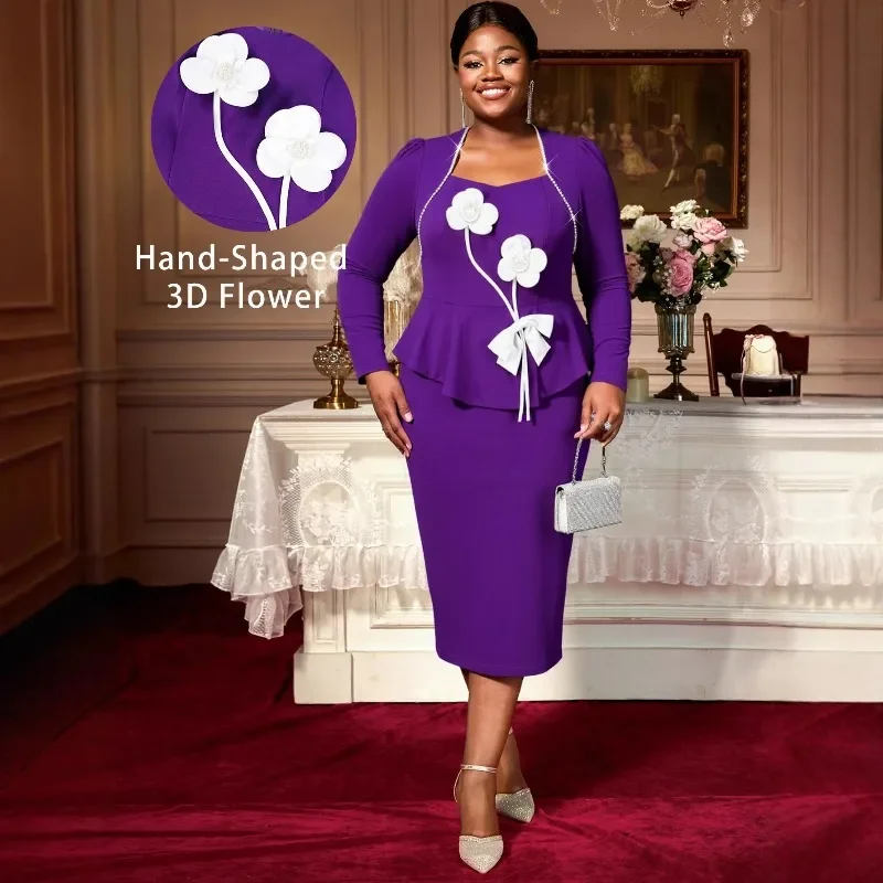 

Purple Dashiki African Dresses for Women Autumn Elegant African Long Sleeve Square Collar Bodycon Midi Dress Africa Clothing