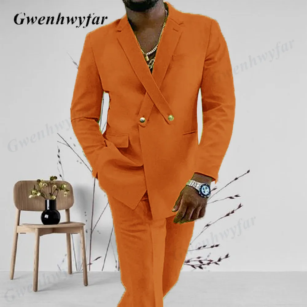 Gwenhwyfar Cross Lapel Design Men Suit Orange 2 Pieces Male Jacket Pants Custom Fashion Groom Wedding Suit Tuxedo Blazer Pants