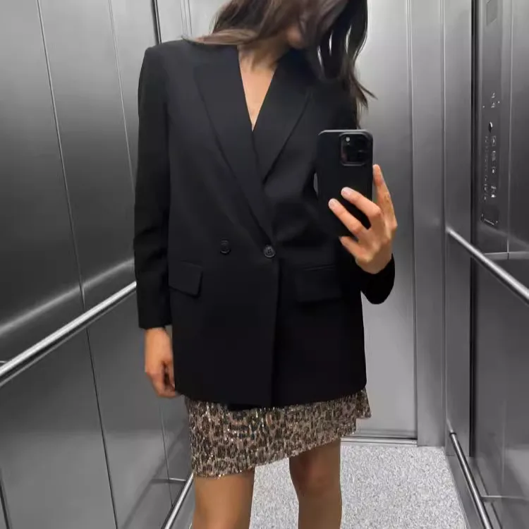 

Spring New Arrival Women's Casual Long Sve Notch Collar Loose Fit Suit Jaet Commute Sle Polyester Fabric Double Button