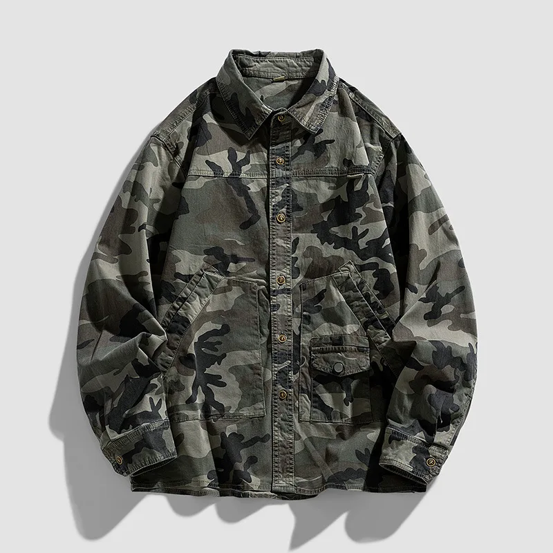 95% Cotton Men Shirt 2026 New Camouflage Long Sleeve Drop Shoulder Button Pockets Cowboy Loose Casual Work Jeans Shirts