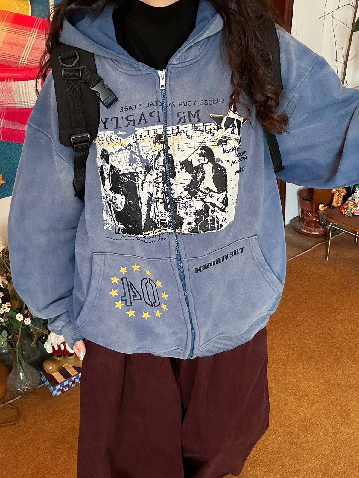 

Retro American Waed Print Hoodie Women's Loose Open Cardigan Spring New Sle Long Sve Zipper Design Casual Streetwear