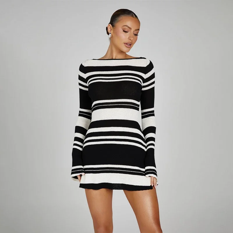 Abito lungo lavorato a maglia primavera autunno da donna elegante manica lunga casual o-collo abiti da spiaggia per feste senza schienale night club