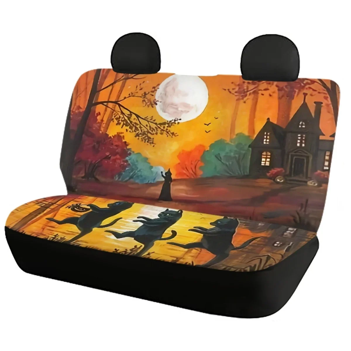 Front&Back for Car Seat Covers Black Cat Witch 3D Cartoon Design Vehicle Accessories Easy to Install Full Set 4 Slip-Resistant