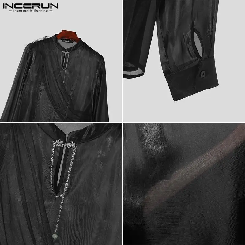 INCERUN 2024 Men Shirt Long Sleeve Stand Collar Fashion Mesh Transparent Tops Tee Party Chemise Streetwear Oversize Men Clothing