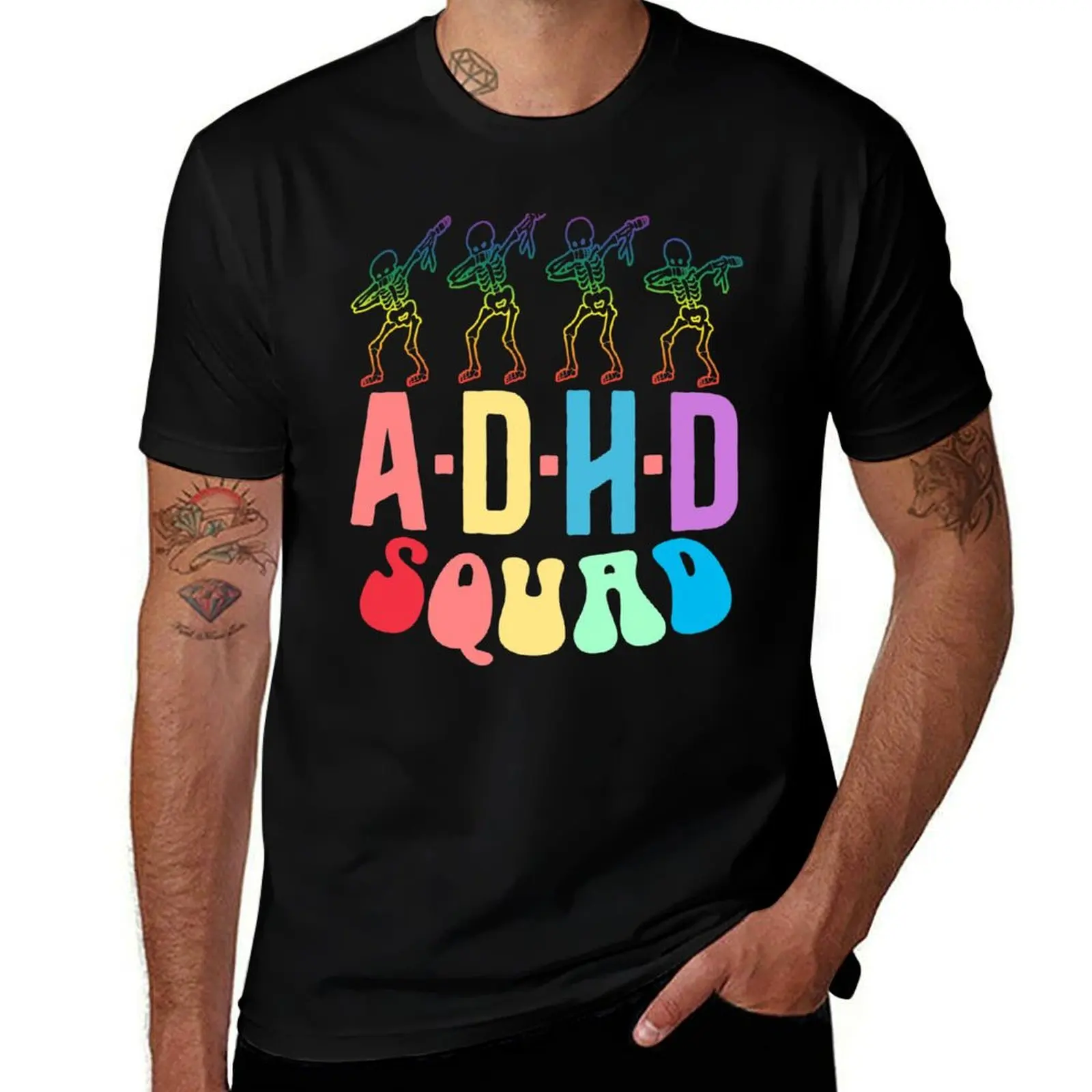 

ADHD Squad Skeleton Dab Team Funny Colorful T-Shirt cotton t shirts man 100% anime tshirt T-Shirt