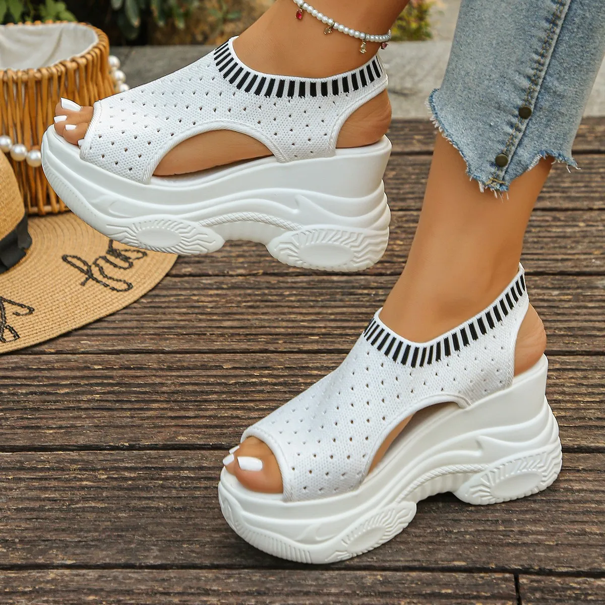 2025 Summer Women Wedge Heels Sandals Thick-soled Fashion Elevation Casual Shoes Women Elastic Cloth Cover Foot Ladies Sandals