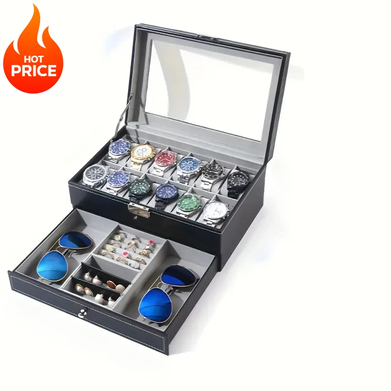 High-End Double-Layer Jewelry And Watch Organizer Box with Drawer And Key Lock Closure - 24/20/12 Slot Options Ideal Gift Choice