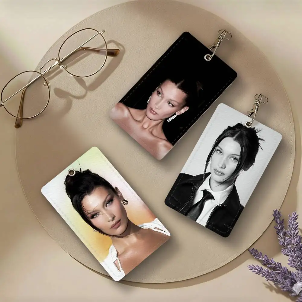 American Fashion Models Bella H-Hadid PU Leather Card Holders Anti-lost Protective Cover Cases Campus Access Cards Key Chain