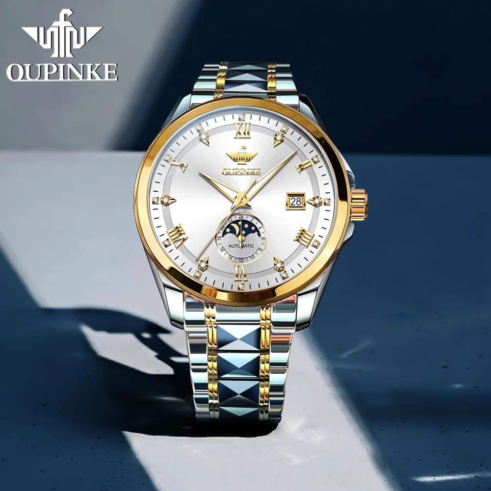 ساعات رجالية OUPINKE كاجوال عصرية من الفولاذ الناعم الأصلي ساعة يد ميكانيكية أوتوماتيكية مقاومة للماء مضيئة تاريخ القمر المرحلة الجديدة