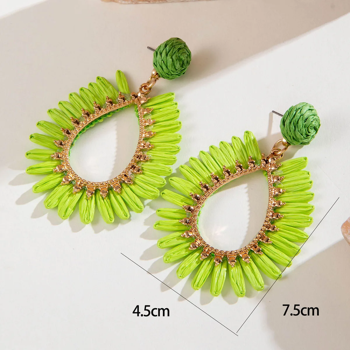 Tocona Personalized Exaggerated Green Lafite Grass Earrings Resort Style Beach Geometry Water Drop Hollow Earrings for Women