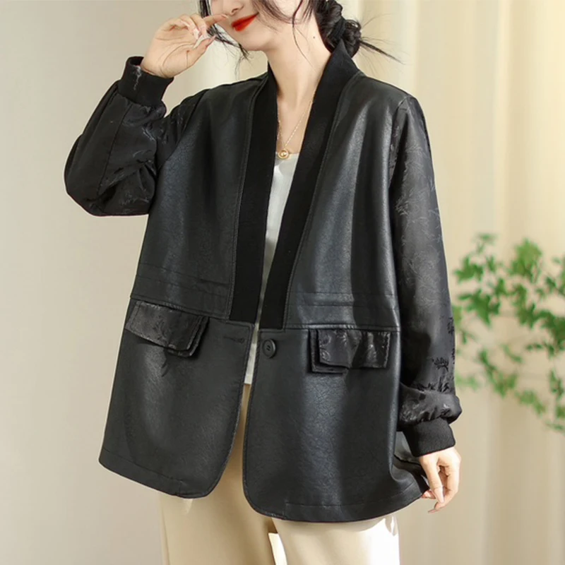 Masss wasss 2025 outono feminino lazer clássico impresso solto blusões das mulheres do vintage jaquetas do plutônio moda casacos de couro falso