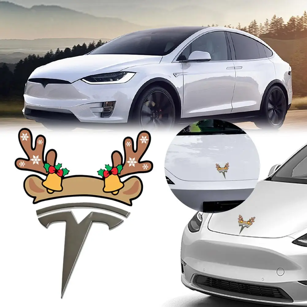 الإبداعية سانتا قبعة عيد الميلاد ملصقات ل تسلا نموذج 3 Y الجبهة شعار ديكور احتفالي اكسسوارات السيارات عطلة تعديل