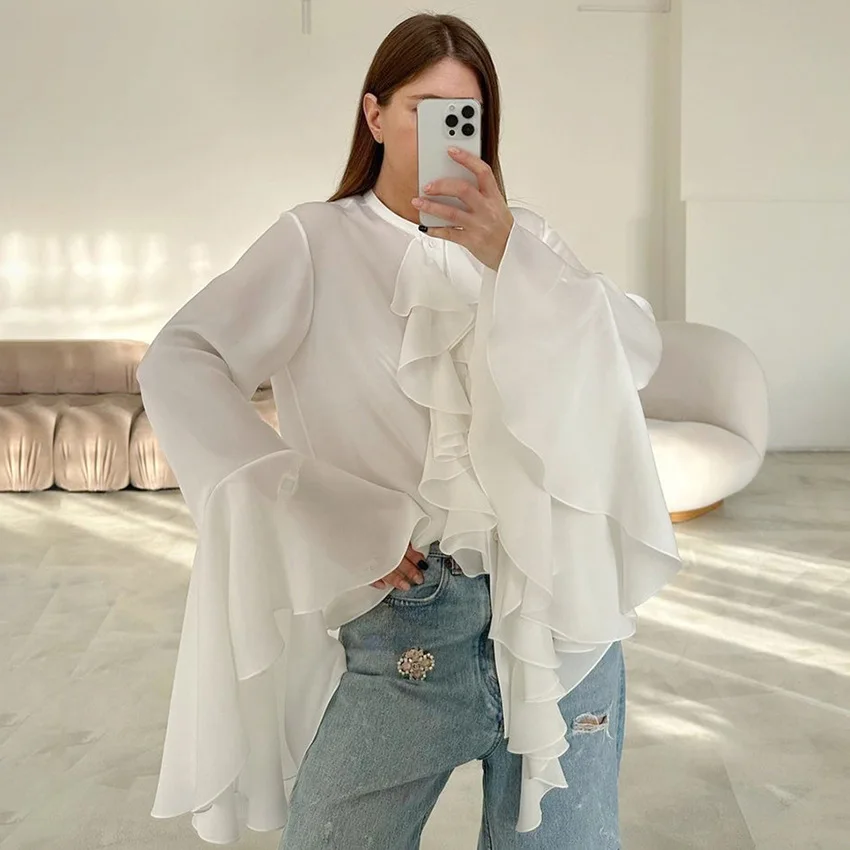 Women's Chiffon Shirt Top With Fashionable Round Neck Flared Sleeves Pleated Edges Single Breasted Casual Solid Color Top