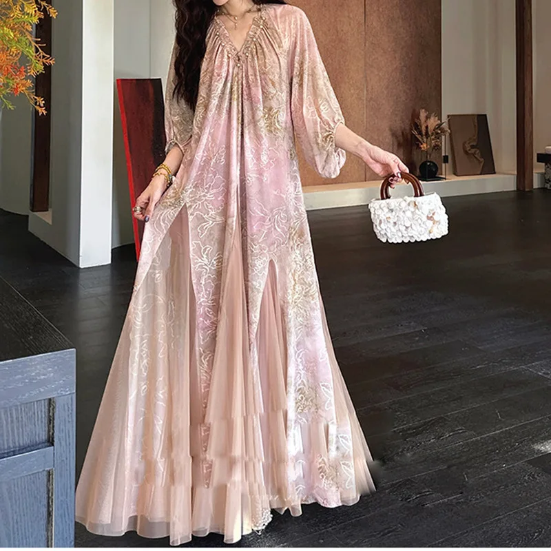 

Chinese Style Elegant Ice Floral Velvet Ink Wash Yarn Skirt 2026 Summer New Fashionable Niche Design V-neck Casual Loose Dress
