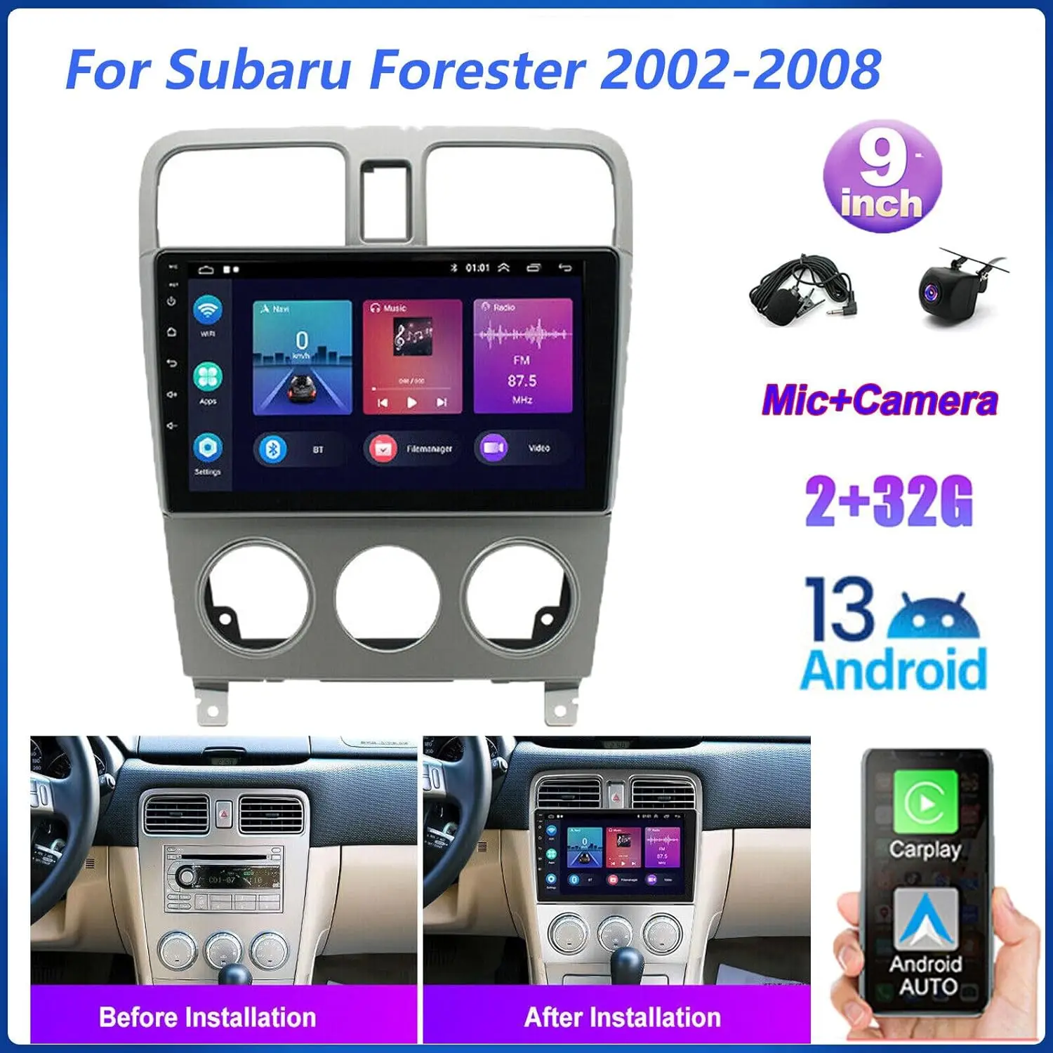 

9-дюймовый Android 13 CarPlay, совместимый с Subaru Forester 2002-2008, автомобильная стереосистема с GPS-видеокамерой