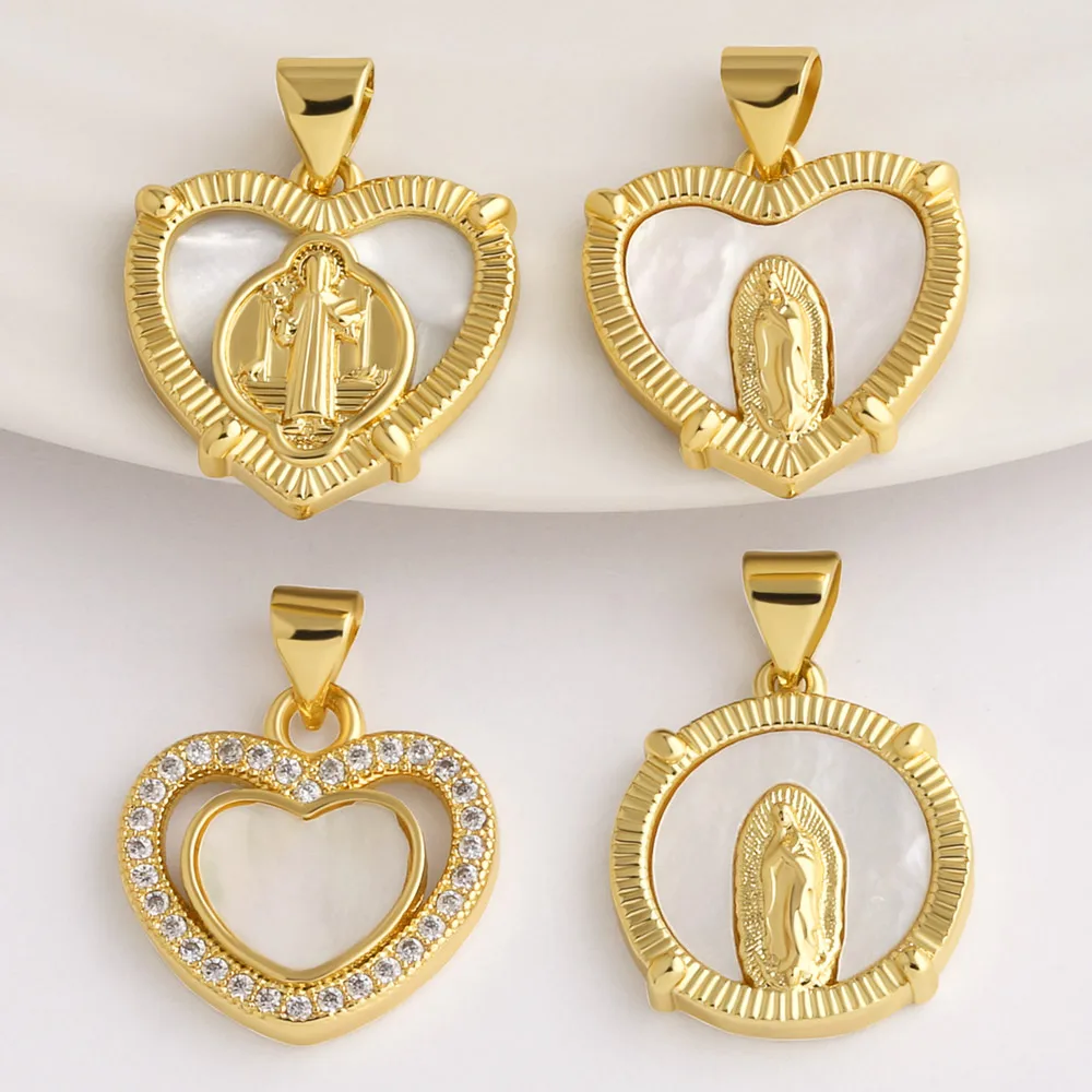OCESRIO Virgin Mary Pendant for Necklace Copper Gold Plated Shell Zircon Religious Heart Round Jewelry Making Component pdtb060