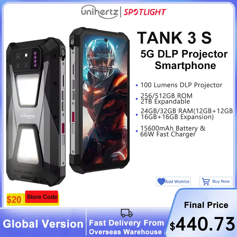 Unihertz tank 3s 8849 powered smartphone with projector 24GB 256GB Dimension 8200 cellphone 15600mAh 66W charger 64MP 5G phone