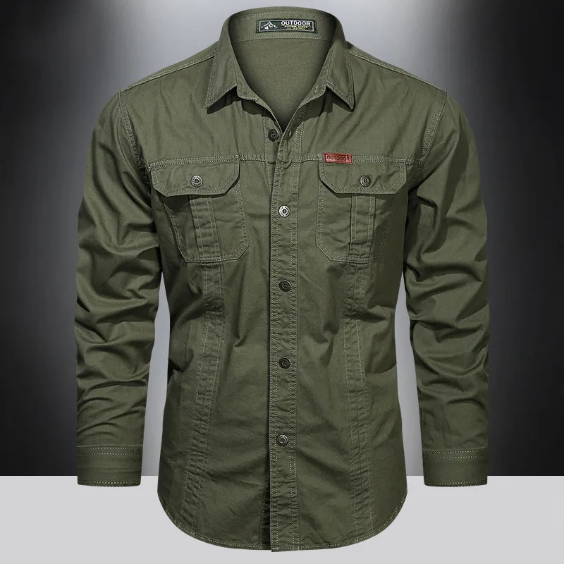 Spring Cargo Shirt Men Long Sleeve Casual Cotton Shirts High Quality Camisa Militar Overshirt Brand Clothing Black Blouses 5XL