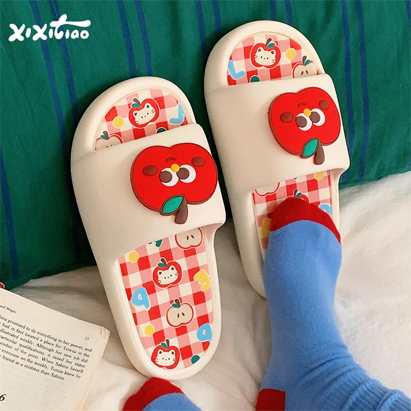 XIXITIAO Bathroom Slippers For Women Fashion Cartoon Cute Red Apple Color Blocking Comfortable Soft Non-slip Platform Home Shoes
