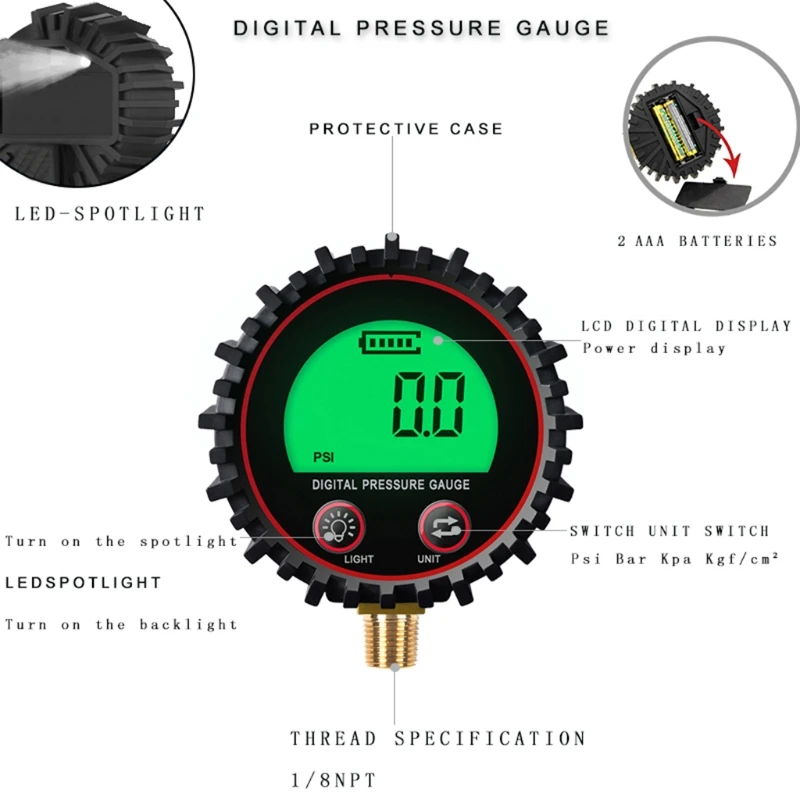 مقياس ضغط الإطارات الرقمي وحدات متعددة Kpa Bar kgf cm² رن إلى 255psi انخفاض الشحن