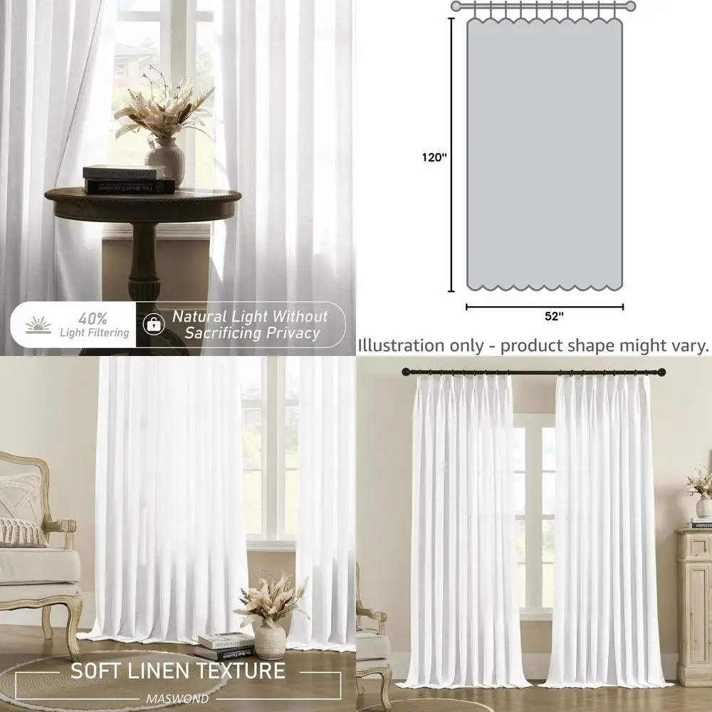 2-stöckige weiße, transparente Pinch-Faltenvorhänge 52 x 120 für Wohnzimmer mit Haken