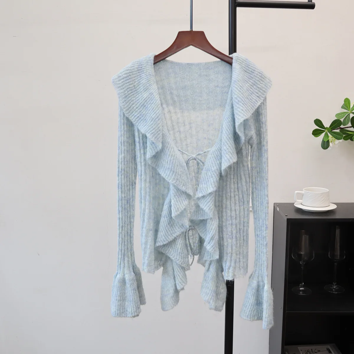 Knitted Cardigan Sweaters Women Solid Jumpers Lace Up Ruffled Turn Down Collar Flare Sleeves Loose Fit Thin Casual 2025 Autumn