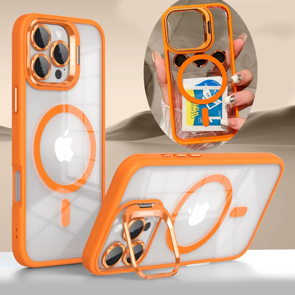 Metalowa obudowa z uchwytem na aparat do iPhone 17 16 15 14 13 12 11 Pro Max Plus, kompatybilna z MagSafe, z magnetycznym szklanym szkłem ochronnym na obiektyw i uchwytem na telefon.