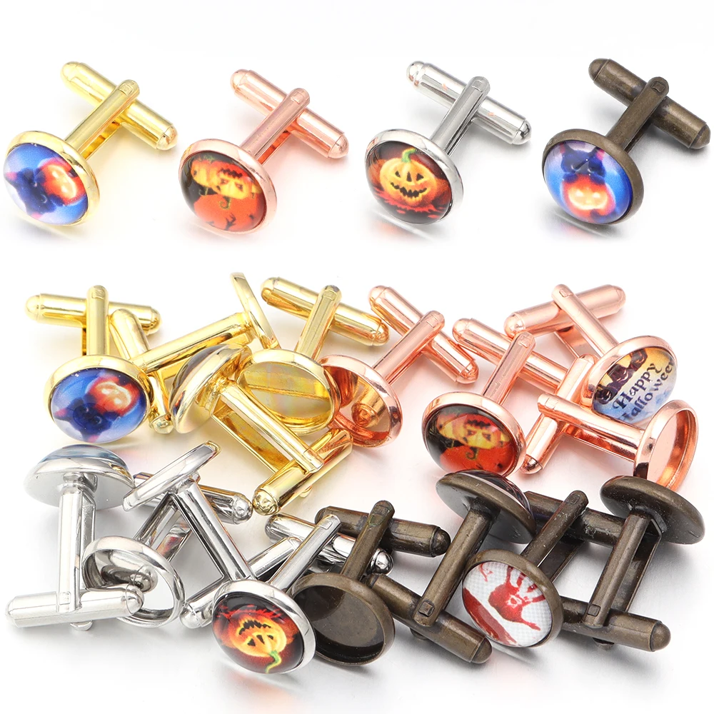 1Set 12mm Copper Cufflinks Cabochon Blank Base With Random Halloween Pattern Cabochon Set for DIY Men Shirt Cufflinks Accessorie