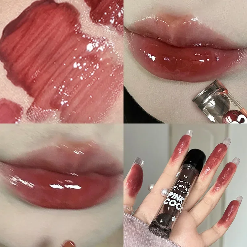 Bear Mirror Lip Glaze Lasting Moisturizing Non-Stick Cup Clear Liquid Lipstick Water Glossy Red Tint Lips Plumper Makeup Women