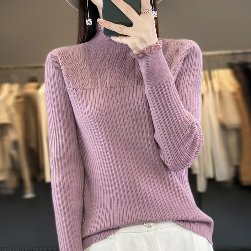 Autumn Winter Women's Soft Wool Sweater Lace Half-high Collar Twisted Pullover Casual Basis Top Female Slim Elasticity Knitwear