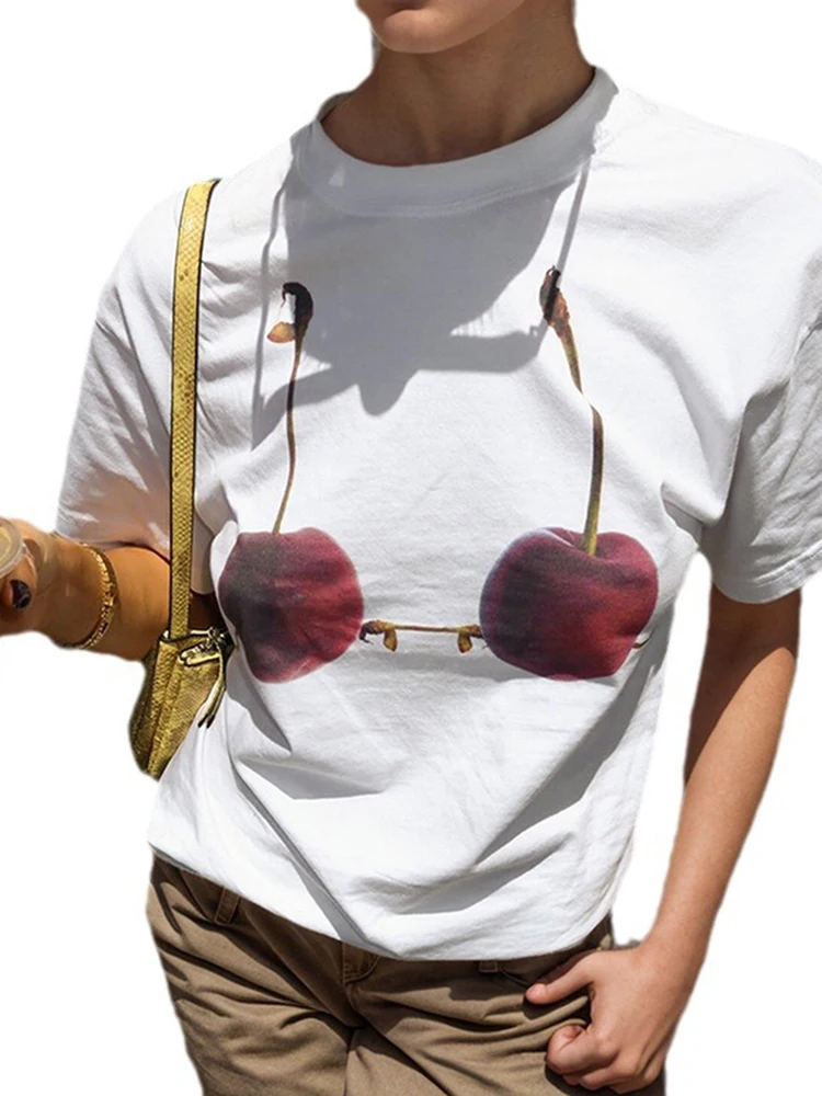 2000S Zomer Koreaanse Kersen Patroon O-hals T-Shirt Vrouwen Casual Korte Mouw T-Shirts Tops Streetwear Oversized Y 2K Top Ropa