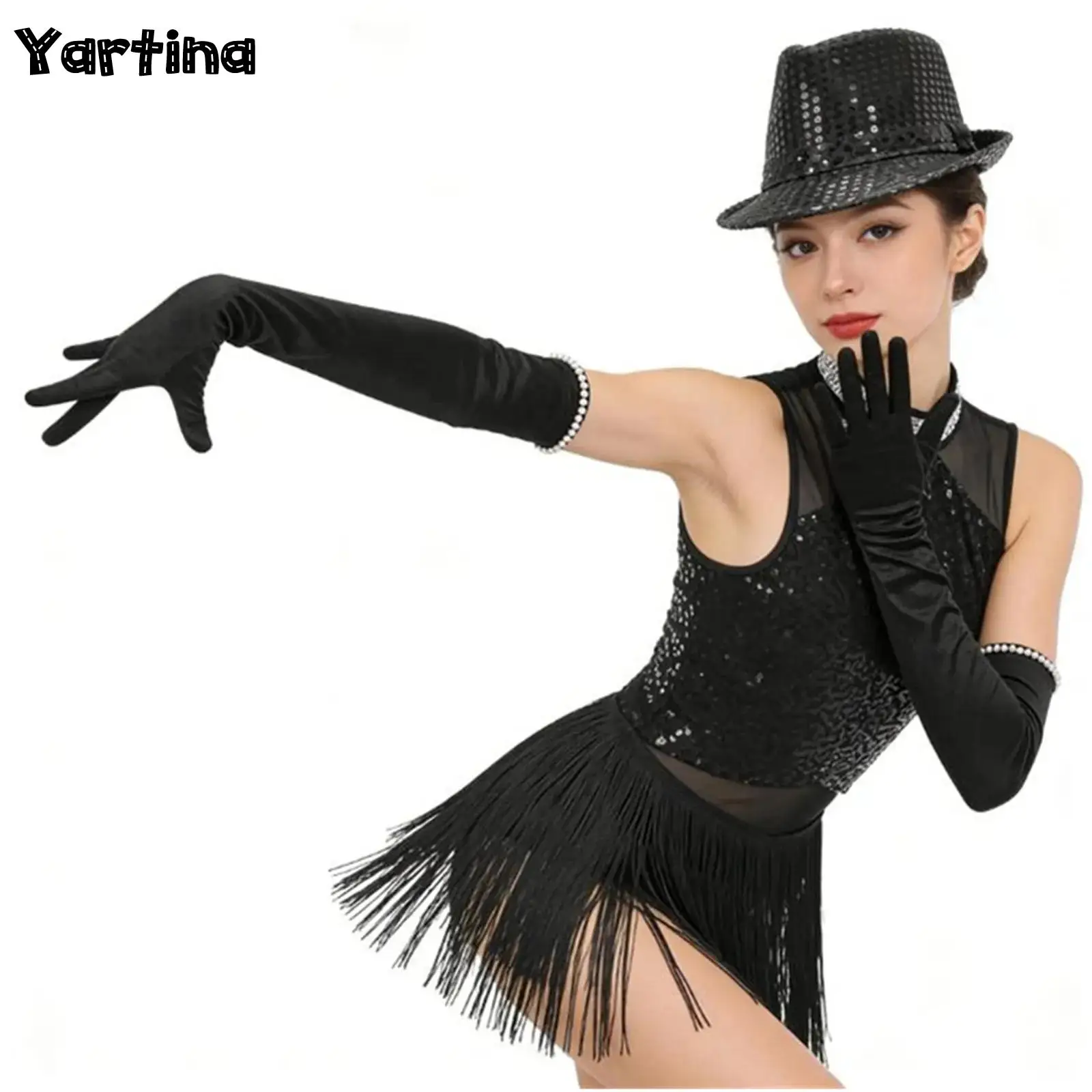 

Женский гимнастический костюм для выступлений в стиле хип-хоп и джаз с блестками и бахромой, леотард с перчатками и шляпой, одежда для латиноамериканских танцев, джаза и танго