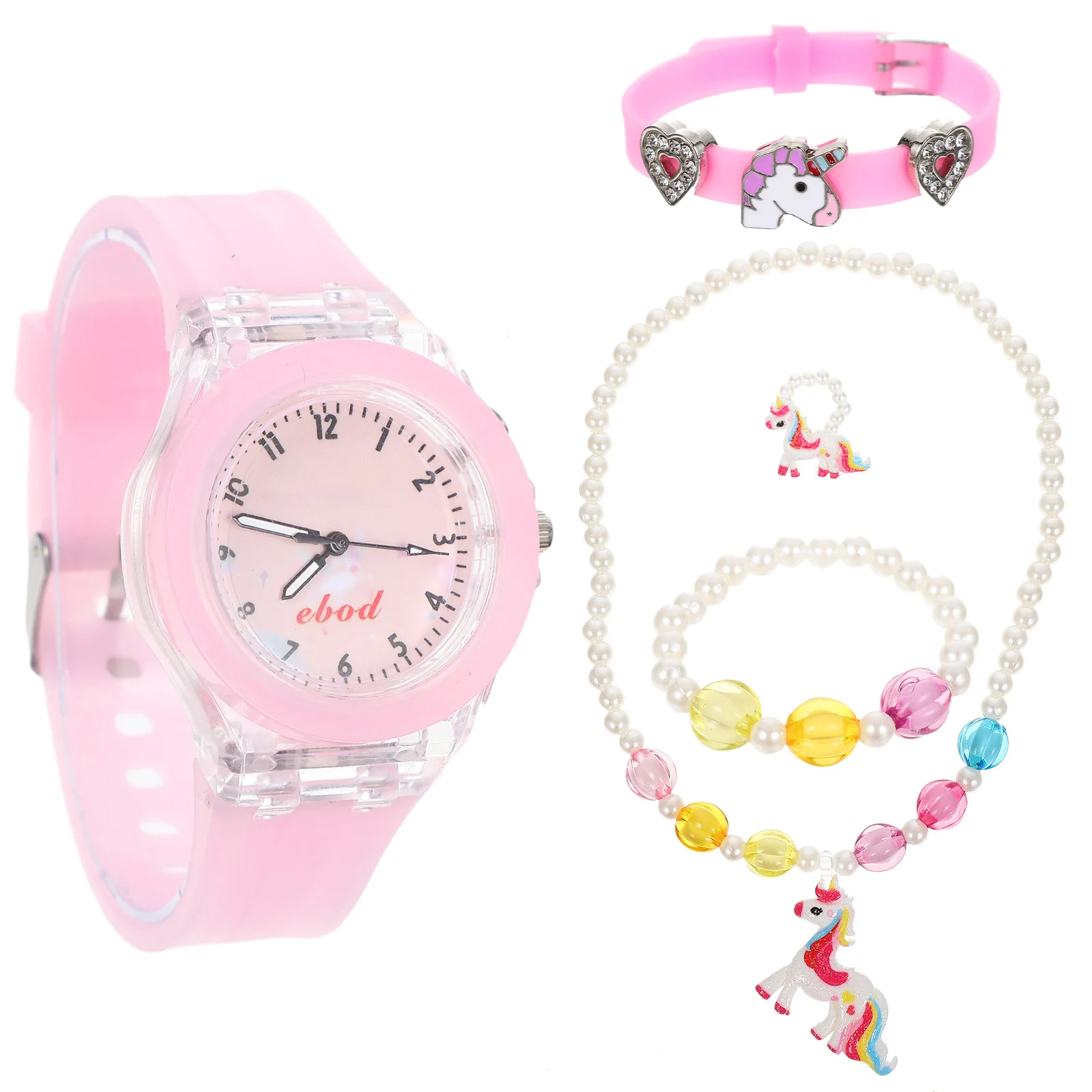 

5Pcs Unicorn Watch and Bracelet Set Girls' Fashion Jewelry Kit Lightweight Analog Watch with Necklace Ring Birthday Christmas