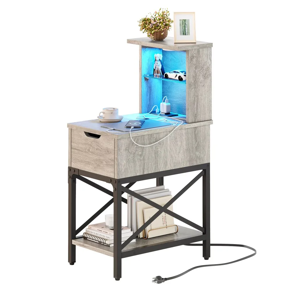 Bestier End Table with LED lights & Charging Station, Gray