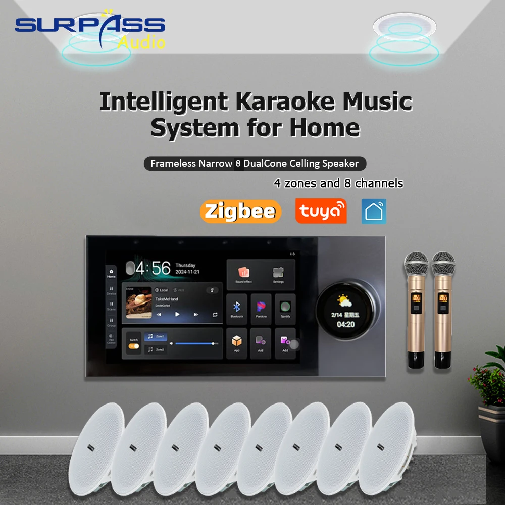 Karaoke 7Inch Touch Screen Android 11 WiFi TUYA ZIGBEE Wall Amplifier Smart Audio System Home Theater Stereo Ceiling Speaker Kit