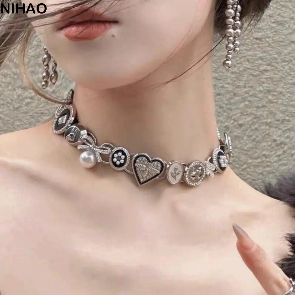 

Fashion Bead Y2K Vintage Necklaces Heart Bowknot Metal Buckle Choker Pearl Flower Subculture Punk Goth Accessories Party