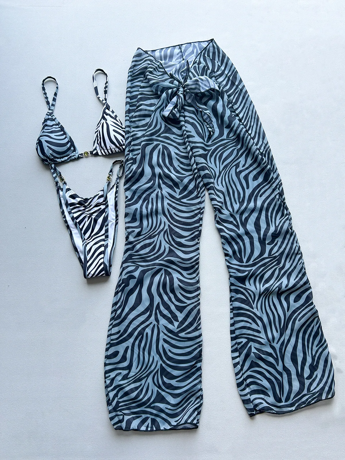 sexy zebra pattern print patchwork bikinis sets 3pcs swimwear with front bow tie long pants bathing suit swimsuits biquini